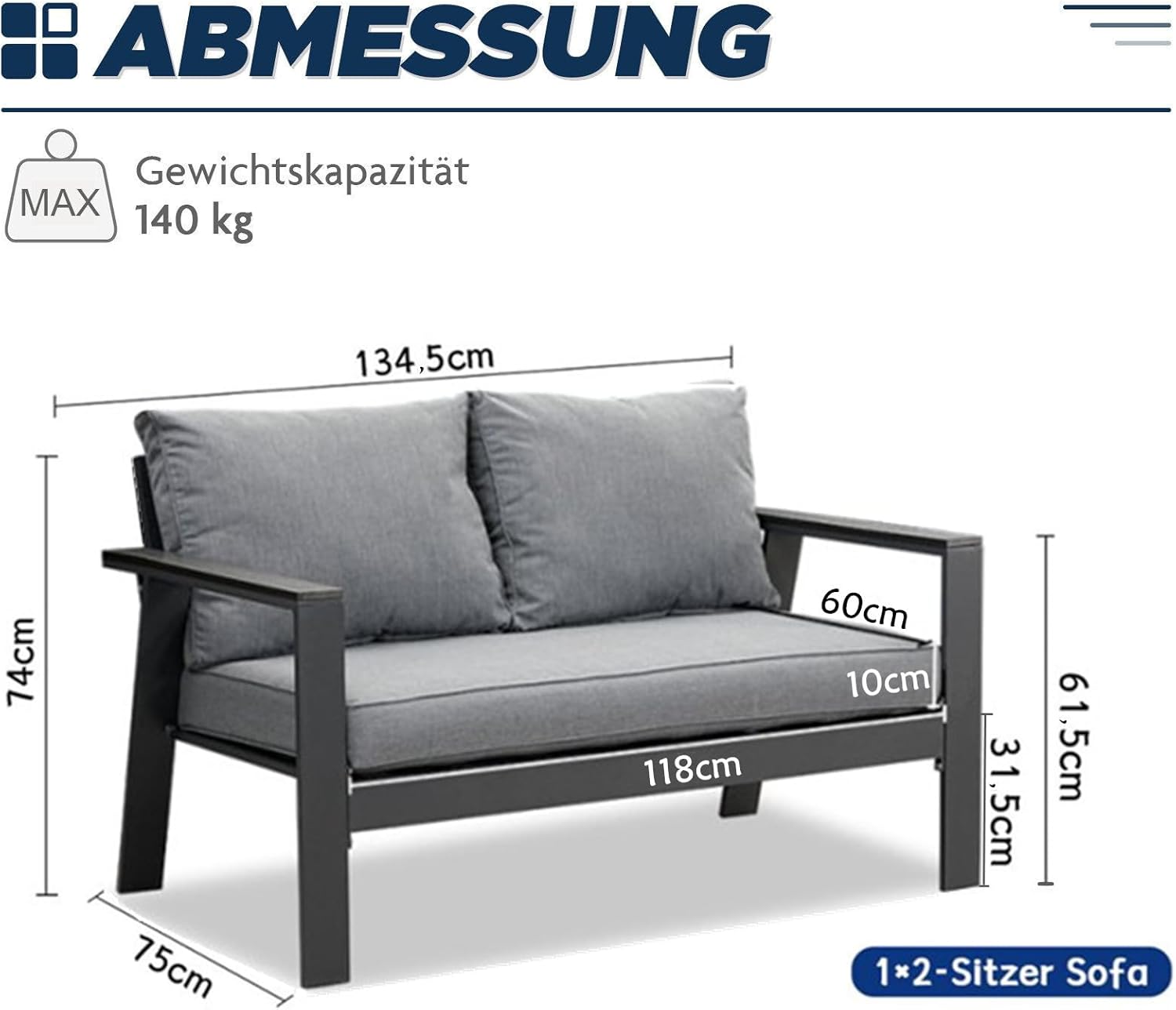 LANOX Balkonmöbel Gartensofa 2 Sitzer aus Aluminum, 134,5×75×74 cm, inkl. Sitz- und Rückenkissen, Wetterfest Gartensofa für Balkon Terrasse Garten, Grau