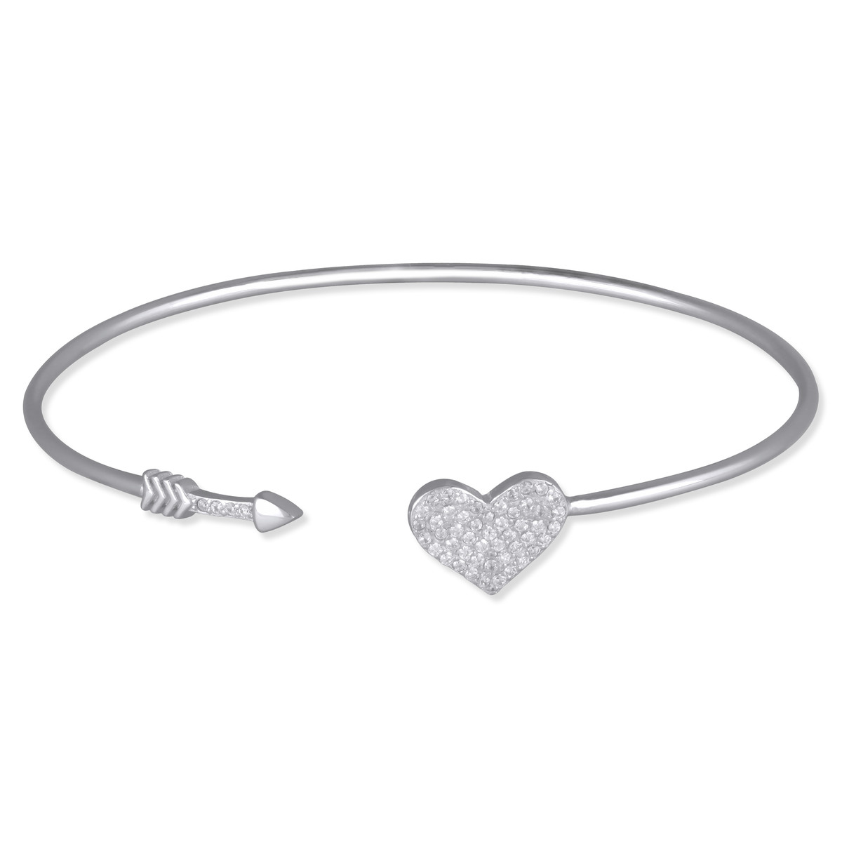 Bracelet jonc argent rhodié 55MM coeur et flèche avec cubic zirconia