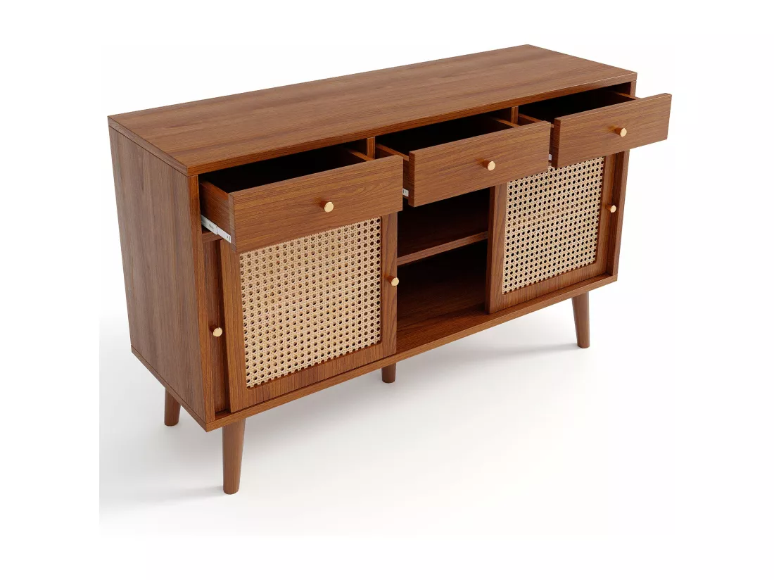 Buffet en noyer avec tiroirs et portes coulissantes en rotin, noyer,d120cm×h78cm