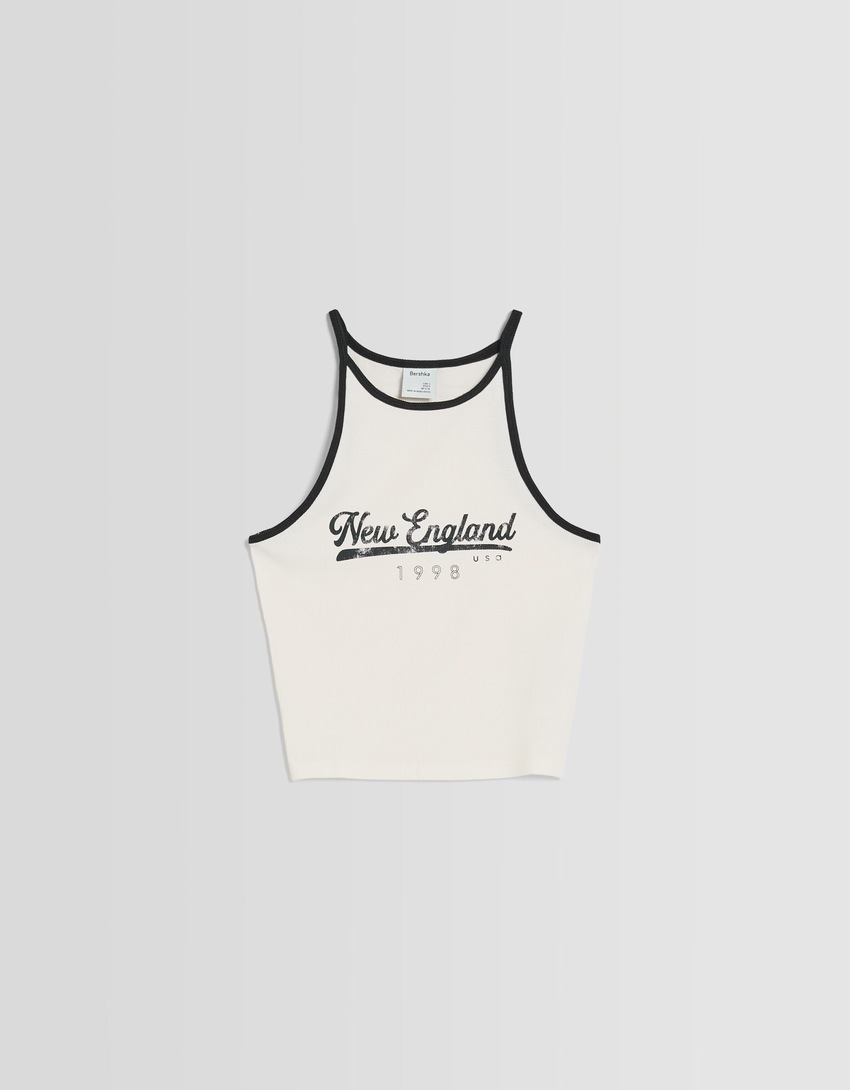 Camiseta canelada com estampa e alças finas