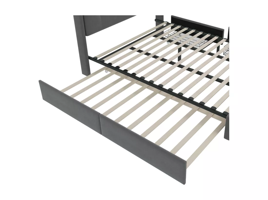 Lit double rembourré 140x200 cm Lit adulte avec lit gigogne éclairage LED 2 tiroirs ports USB et sommier à lattes - gris