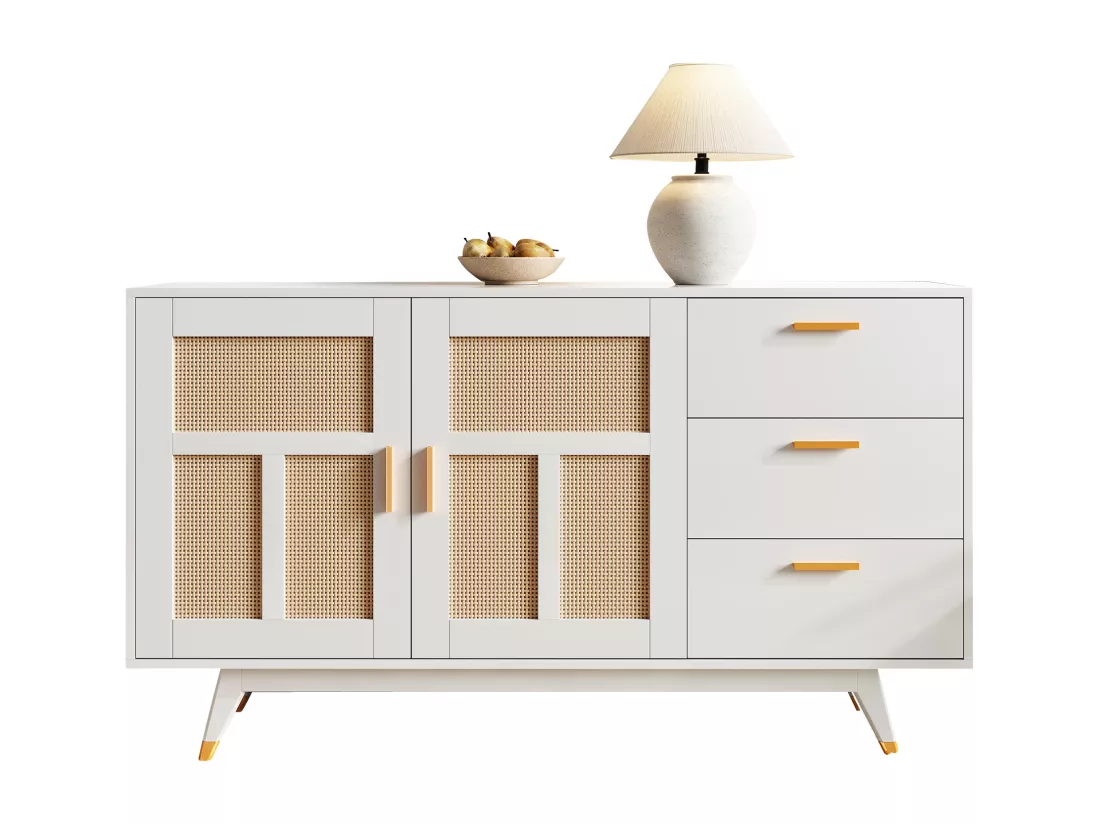 Buffet 160x40x87cm - avec 2 portes en rotin et 3 tiroirs - Blanc