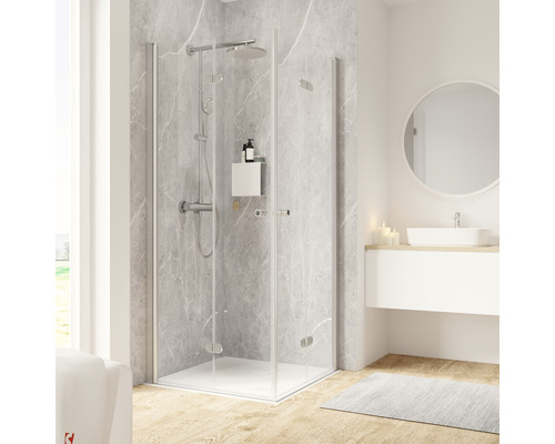 Hoekinstap met draai-vouwdeur SCHULTE 100 x 100 cm, chroomprofiel, helder glas, deurscharnier links, deurscharnier rechts, buffergreep