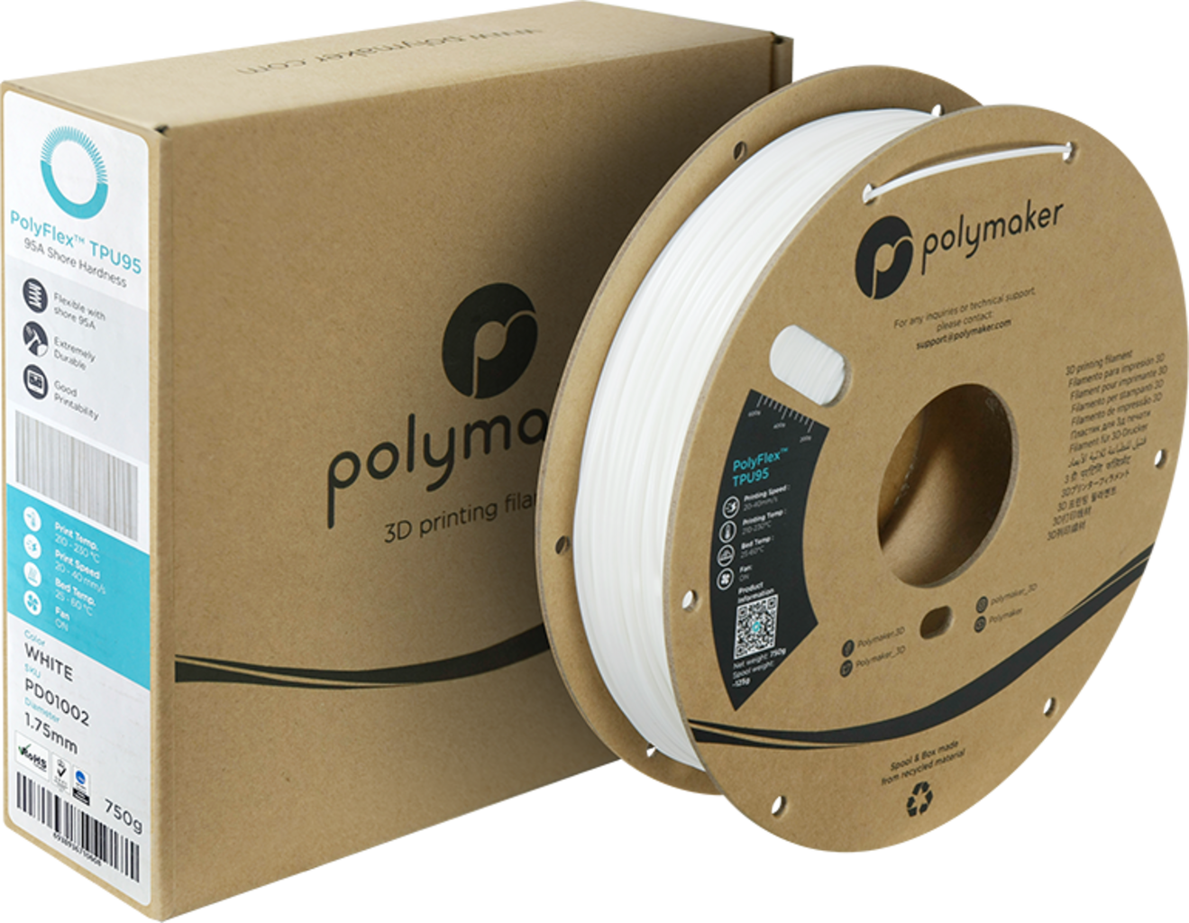Polymaker  PolyFlex TPU95 Weiß, 1,75 mm (750 g)    Weißes flexibles Filament einfach zu verarbeiten