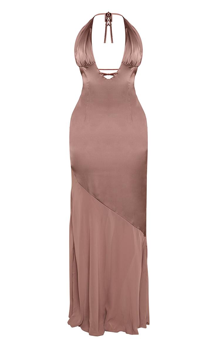 Taupe Robe Longue En Satin Avec Empiècements En Résille Et Dos Noué
