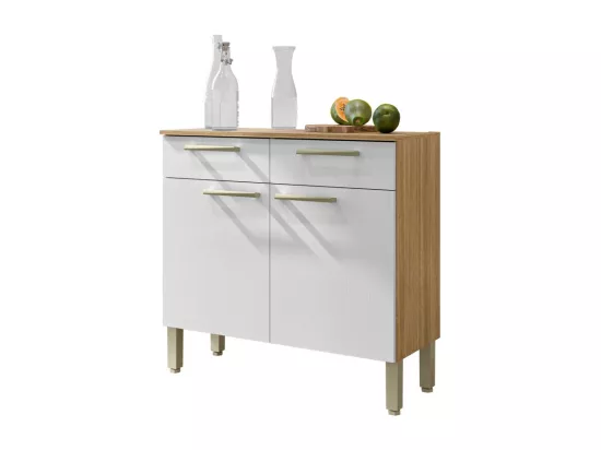 Buffet Bas 2 Portes 2 Tiroirs Chêne et Blanc 2 Niches L 90,9 H 86 P 36,3 cm