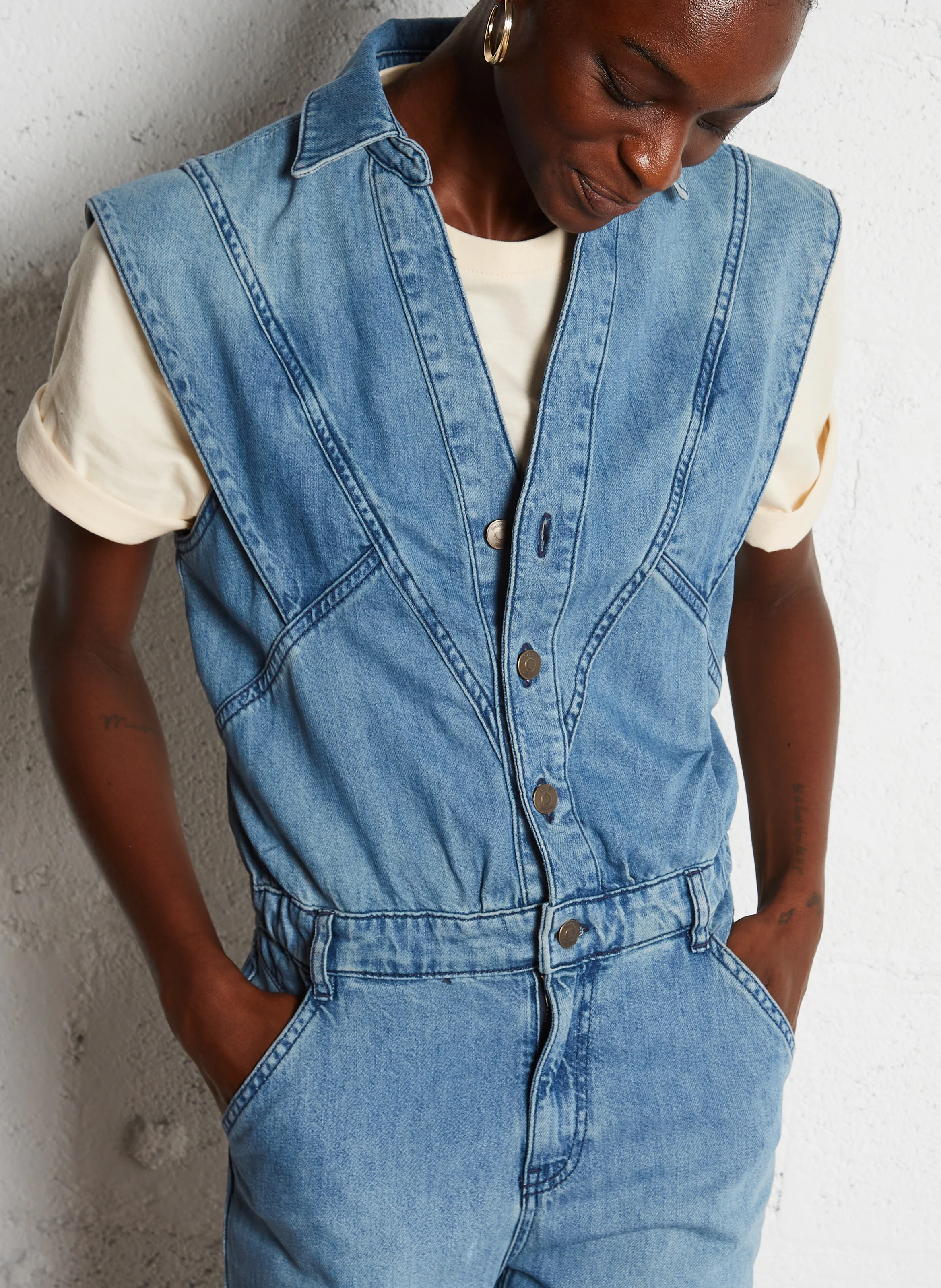 FIGO - Combinaison droite denim en coton | Bleu