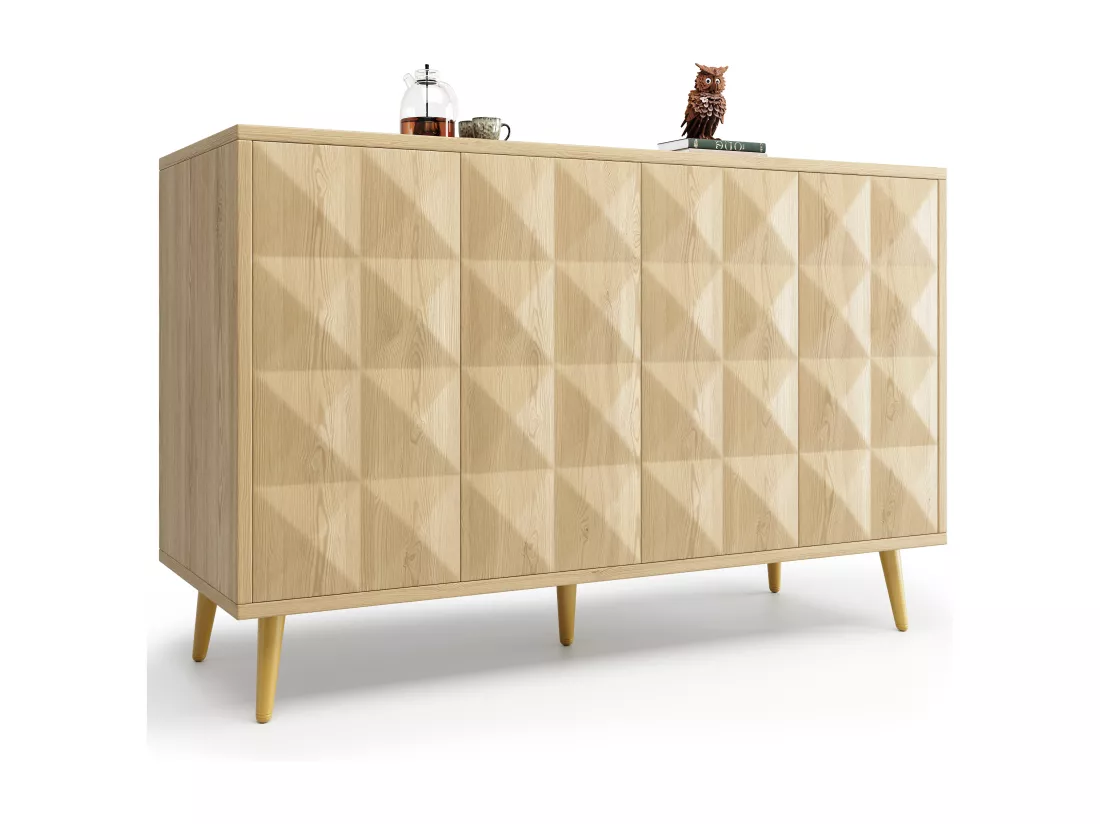 Buffet moderne - 4 portes - design géométrique - MDF - Naturel