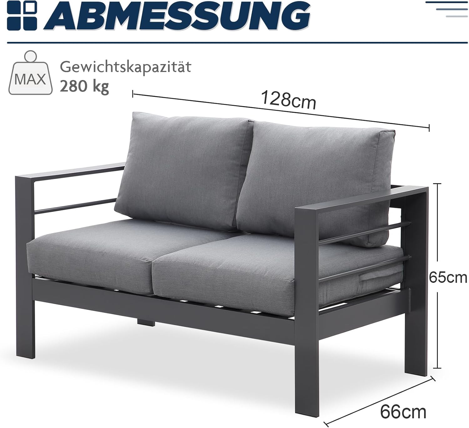 Atenza Gartensofa 2 Sitzer, Moderne Garten Lounge aus Aluminium, Wetterfest & Robust, Gartenmöbel für Balkon & Terrasse, inkl. Sitz- und Rückenkissen, 128x65x66 cm