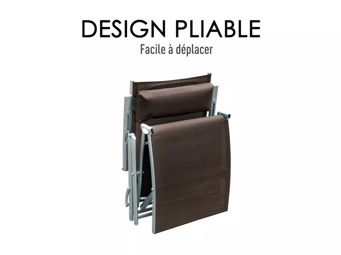 Outsunny transat chaise longue bain de soleil pliable dossier inclinable multi-positions têtière fournie 137L x 64l x 101H cm métal époxy textilène marron