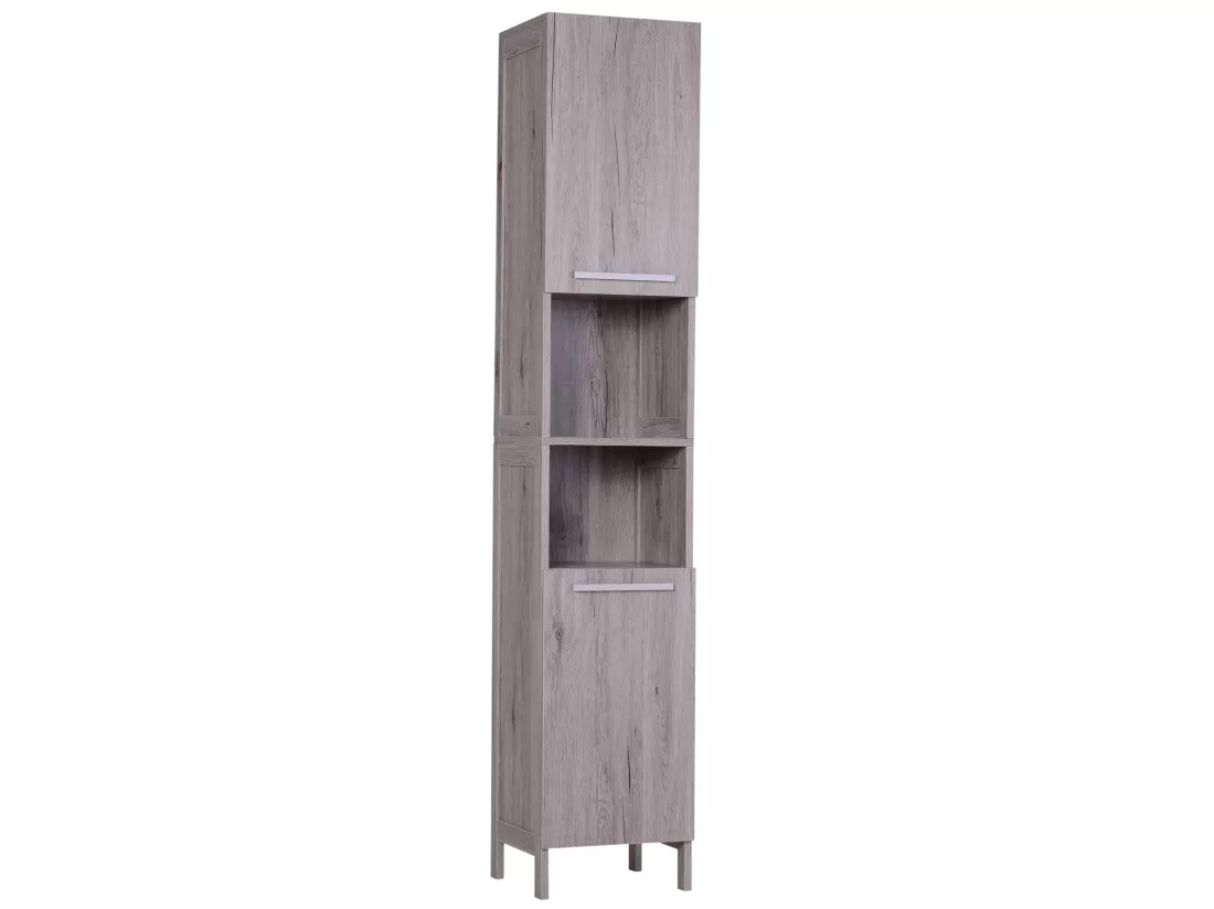 Meuble colonne rangement salle de bain dim. 30L x 32l x 172H cm 2 placards avec étagère + 2 niches MDF imitation bois gris