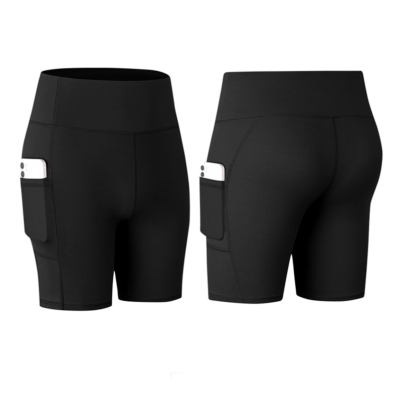 (Gr. M) Elastische Damen Leggings Sport Shorts Stretch Pants Radler Hose mit Seitentasche - Schwarz
