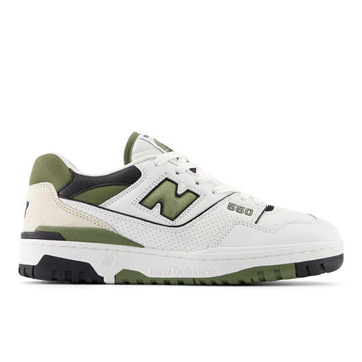 New Balance 550 Sneakers, White/Dark Olivine/Black, 45