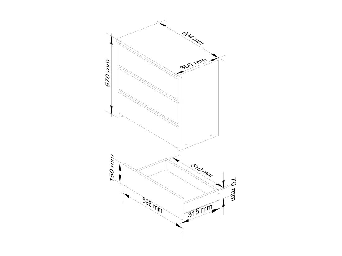 Table de chevet AKORD CL3 Wengé 60 cm 3 tiroirs façade Wengé 60x35x57 cm