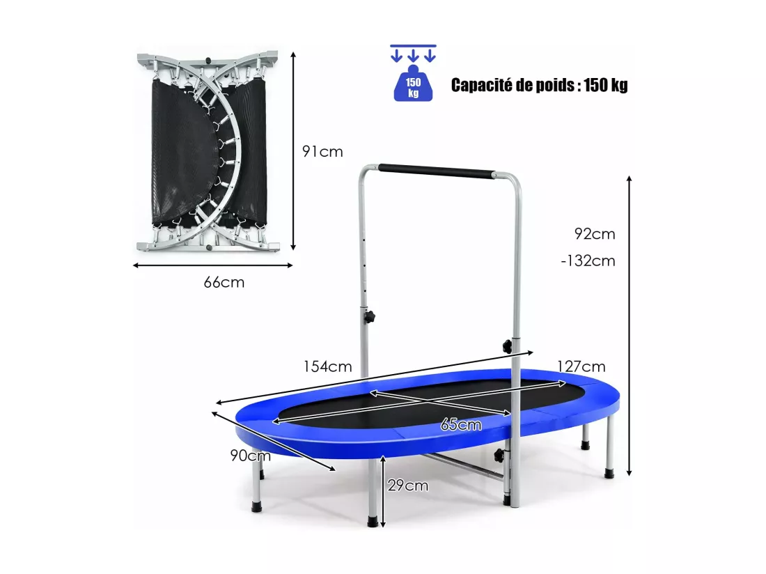 Mini Trampoline Pliable pour 2 Enfants Intérieur/Extérieur avec Coussin de Sécurité Charge 150kg Bleu