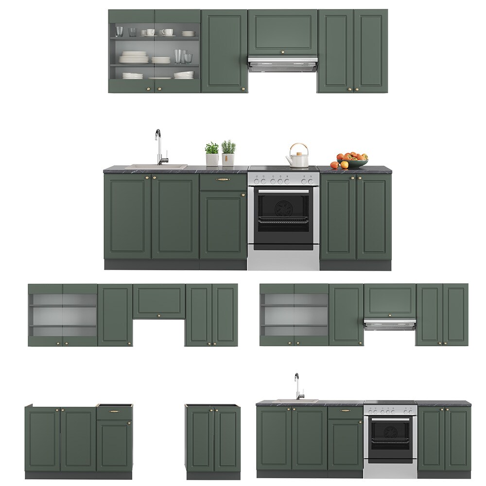 Vicco Küchenzeile Küchenblock Einbauküche Fame-Line Landhaus Anthrazit Grün Gold 240 cm Küchen Schränke Spülenunterschrank Schubunterschrank Hängeschrank Hängeglasschrank