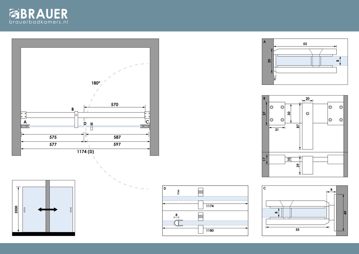 Brauer Void profielloze nisdeur 120cm met draaideur 60cm aan muur chroom