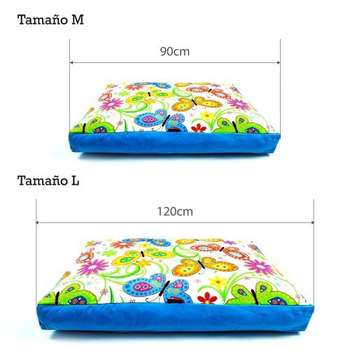 Cama hipoalergênica colorida para cães com estampa de borboletas.