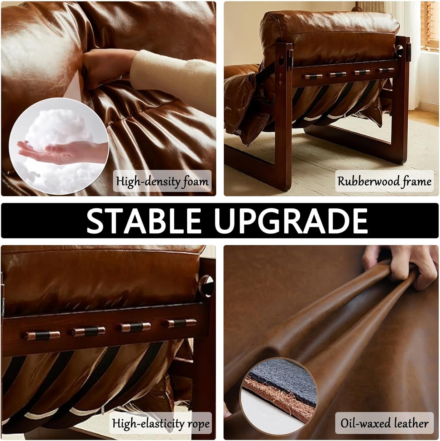 Loun Stuhl aus Leder, gemütlicher gepolsterter Akzentsessel mit stabilem Holz, ideal für Wohnzimmer, Schlafzimmer, Balkon, Heimbüro, Braun