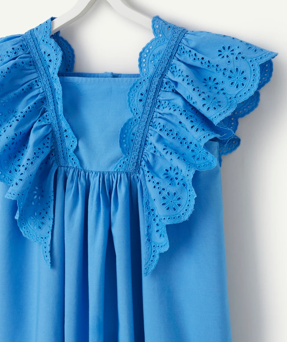 robe manches courtes fille bleue à volants
