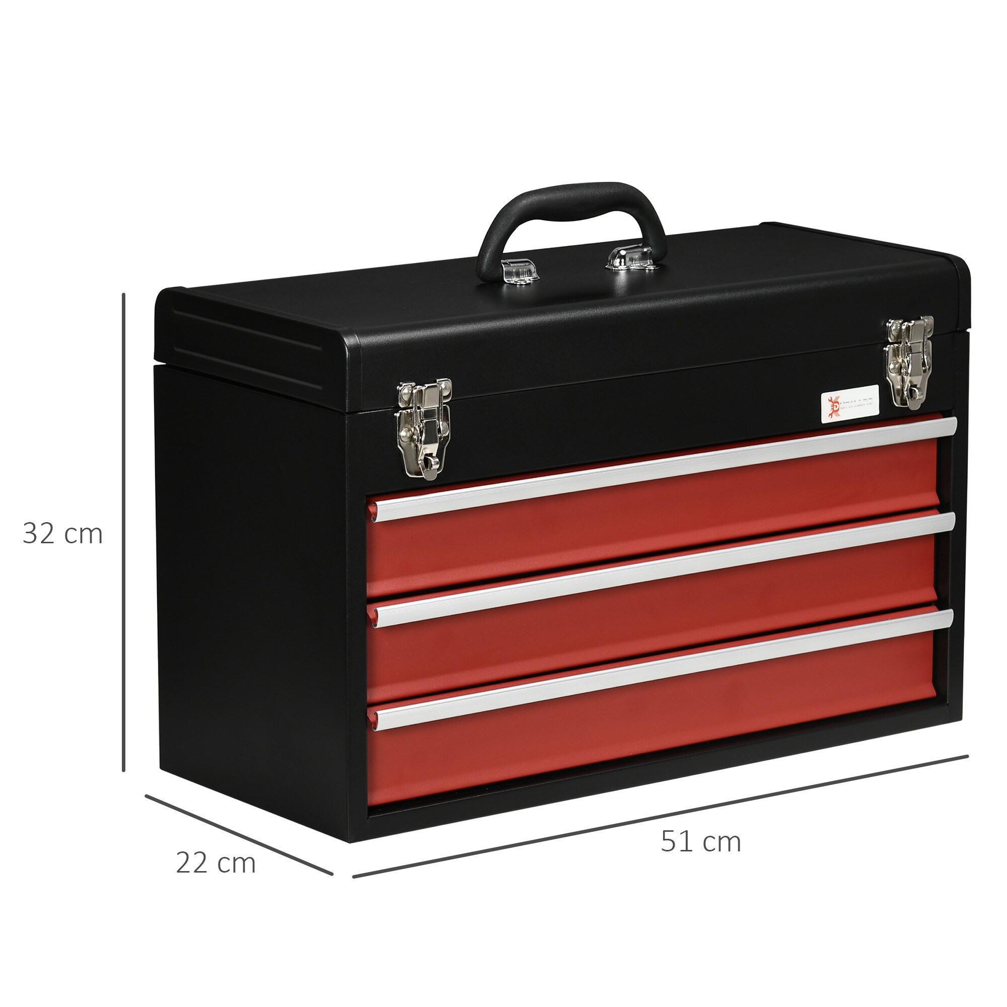 DURHAND Werkzeugkiste mit 3 Schubladen schwarz, rot 51L x 22B x 32H cm