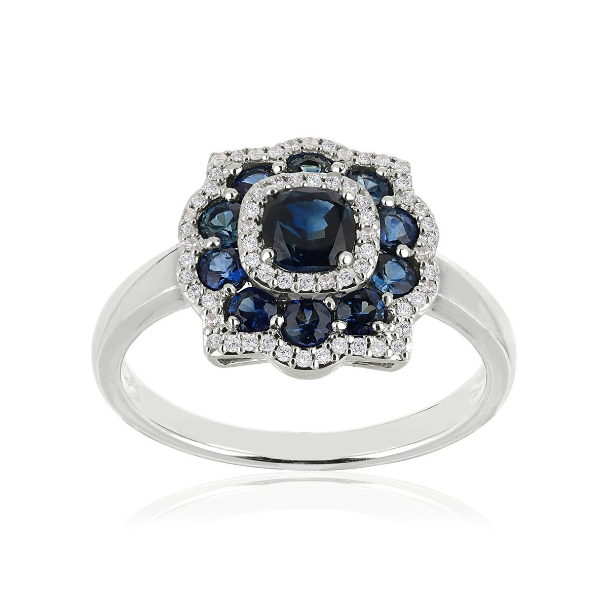 Bague or 750 blanc fleur saphirs et diamants