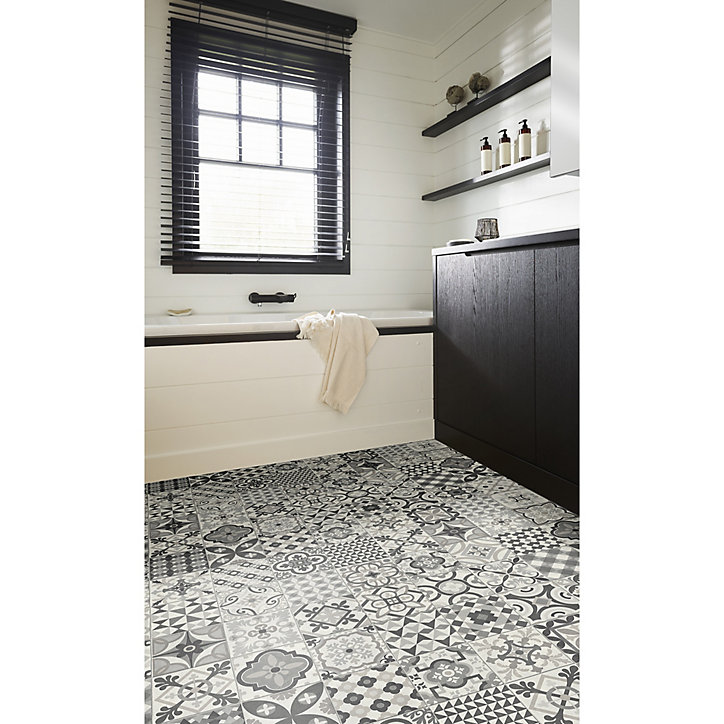 Revêtement sol PVC Evasion effet carreau de ciment gris 4m (vendu au m²)