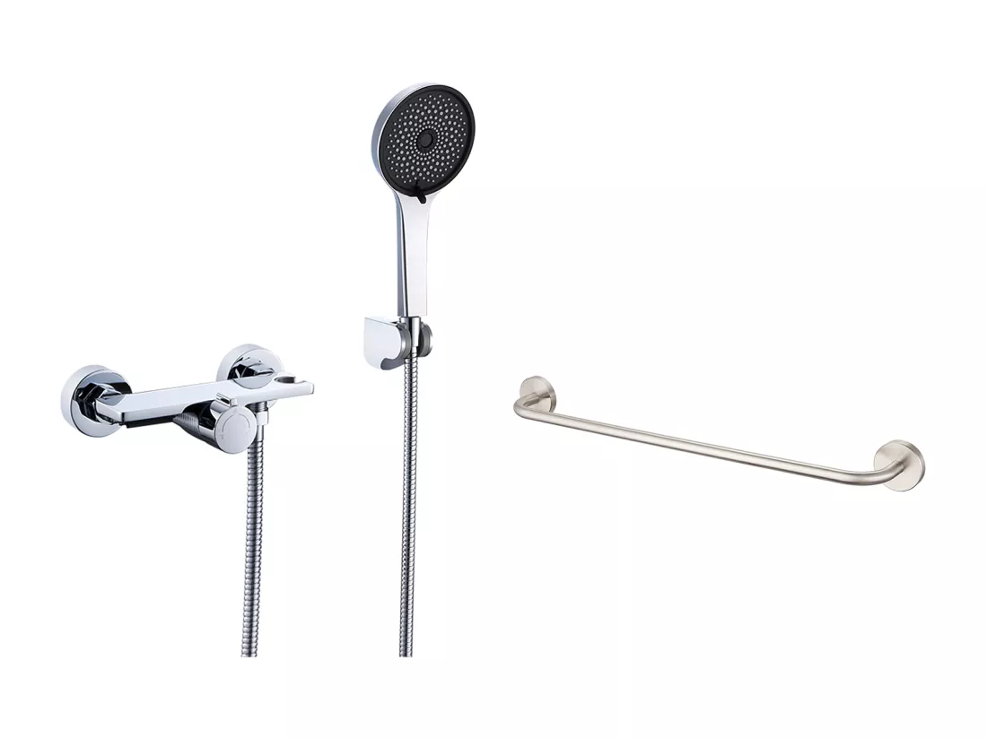 Robinet Baignoire Cascade Auralum MAX,Chromé,avec Douchette 5 Fonction,Mitigeur en Laiton+60cm Porte-Serviettes Salle Bain Auto-adhésif/Perçage,Inox