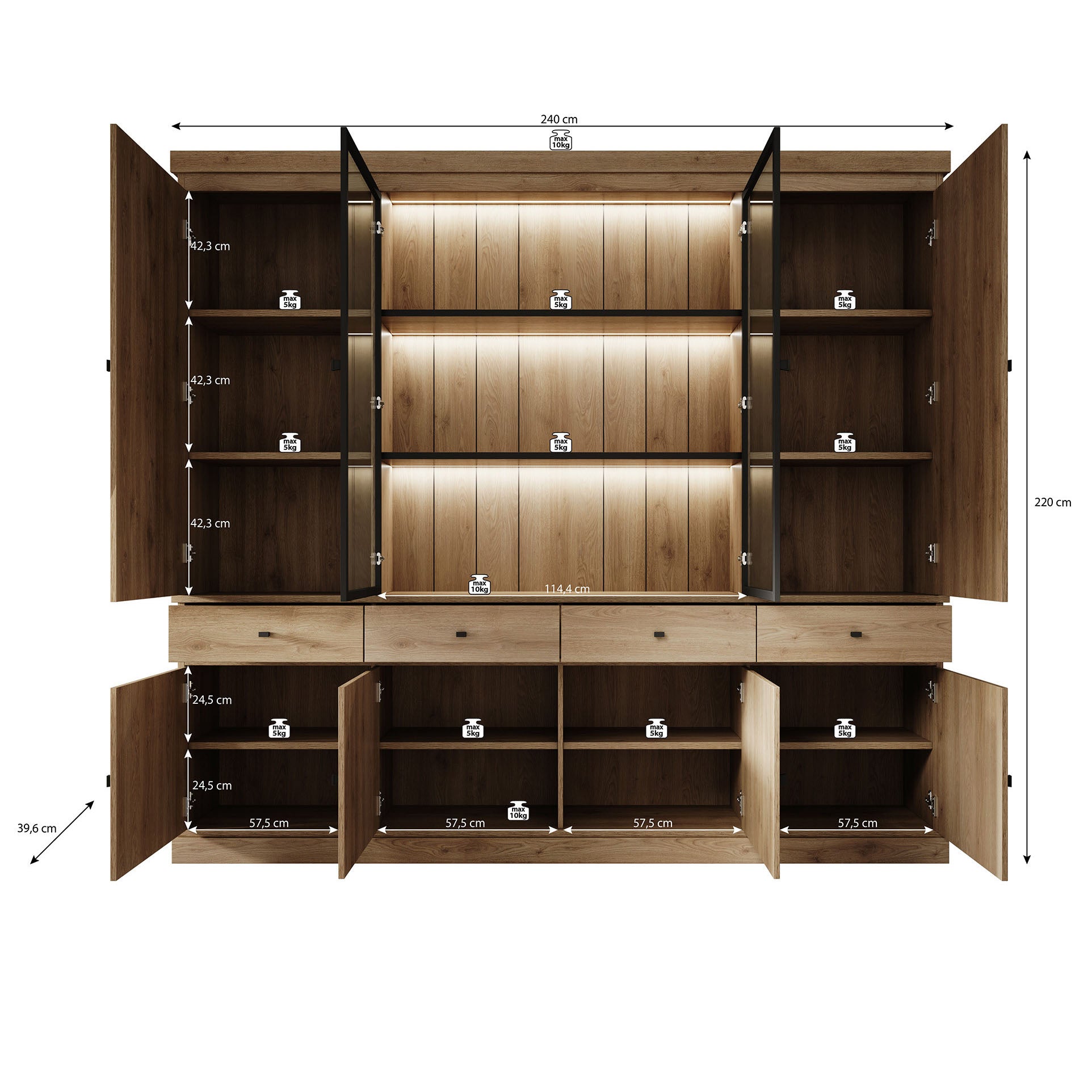 Vince 4 - Buffetkast - Eiken - 240x40x220 cm
