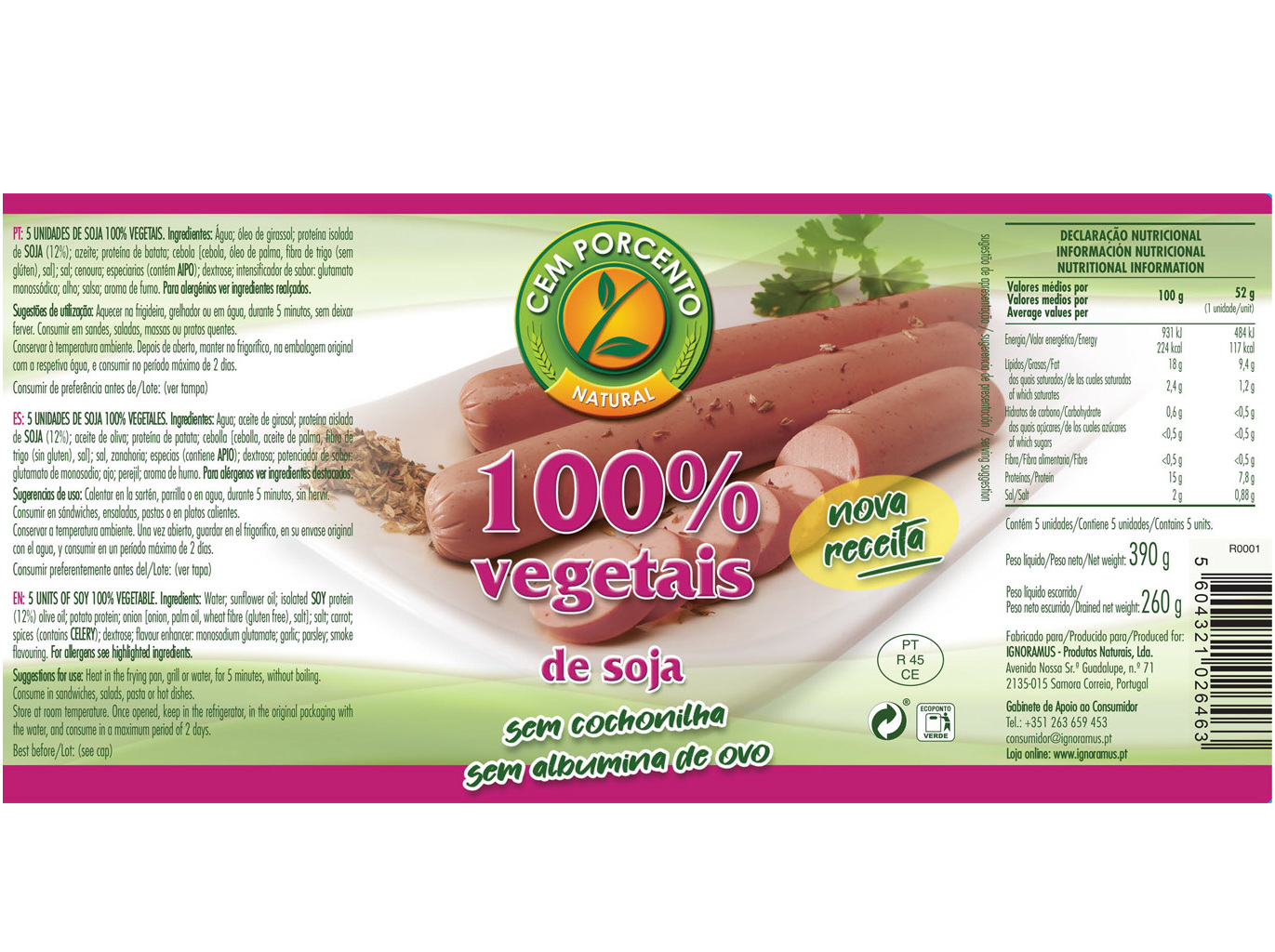 SALSICHAS CEM PORCENTO SOJA 390G