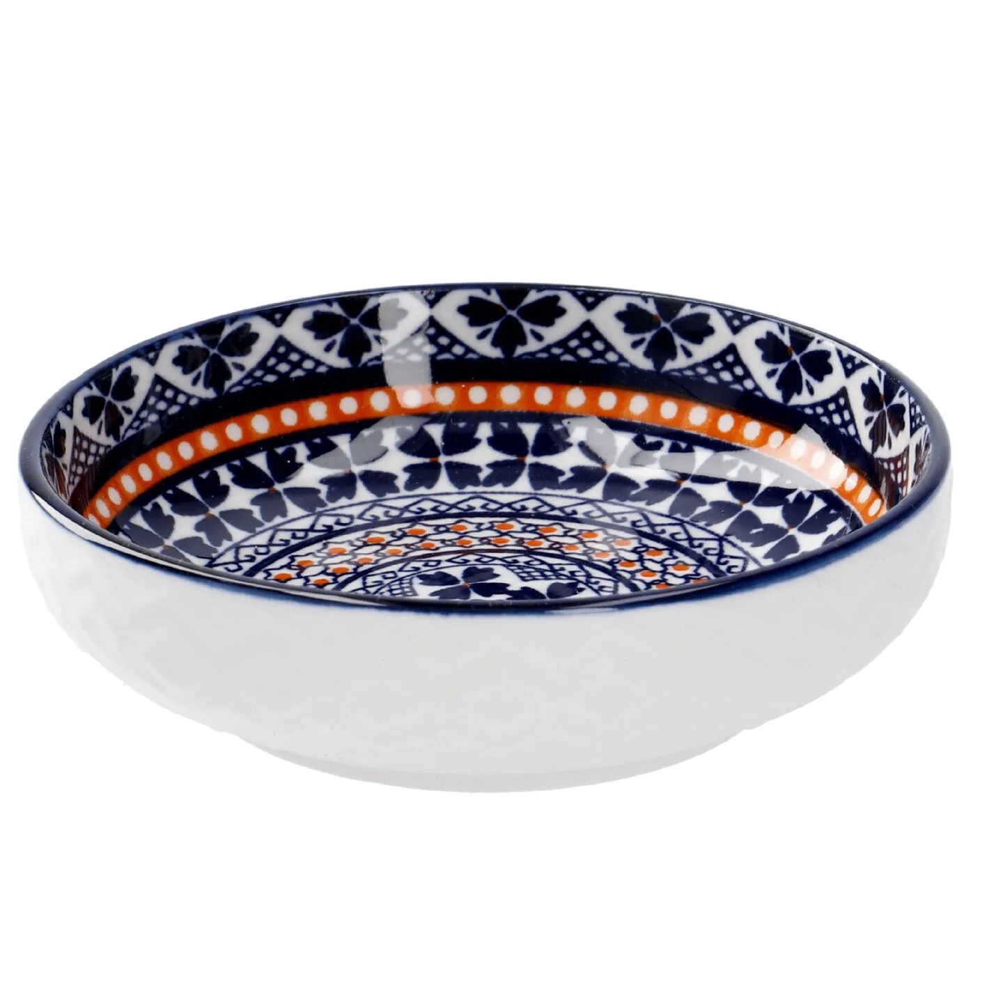 Schale China, flach, blau/orange, 9 cm