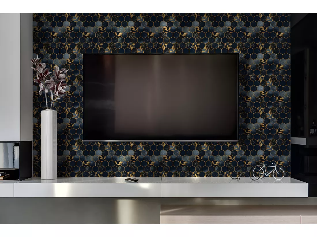 Panneaux muraux en vinyle, Planches en vinyle adhésives - 100x50 cm - Feuilles et hexagones