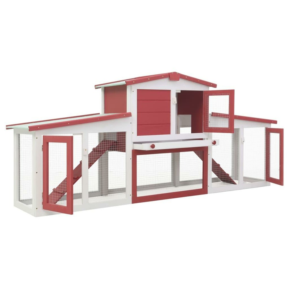 Clapier cage large d'extérieur 204 x 45 x 85 cm bois rouge et blanc