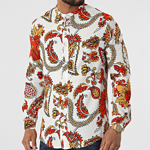 Chemise Manches Longues Col Mao Floral UY840 Blanc Rouge Jaune
