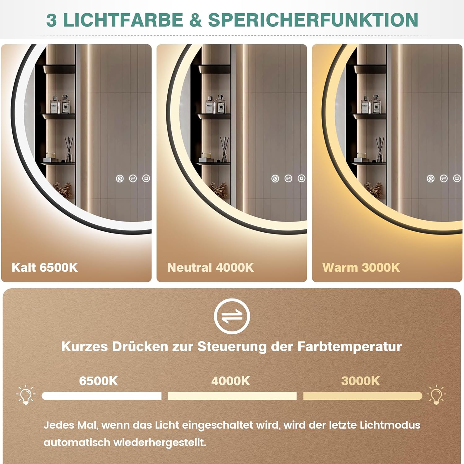 80cm Badezimmerspiegel mit Beleuchtung – Spiegel Schwarzer Rahmen, Antibeschlag, Dimmbar, 3 Lichtfarben, LED Badspiegel mit Touch-Schalter, Speicherfunktion & Energiesparend, Schwarz