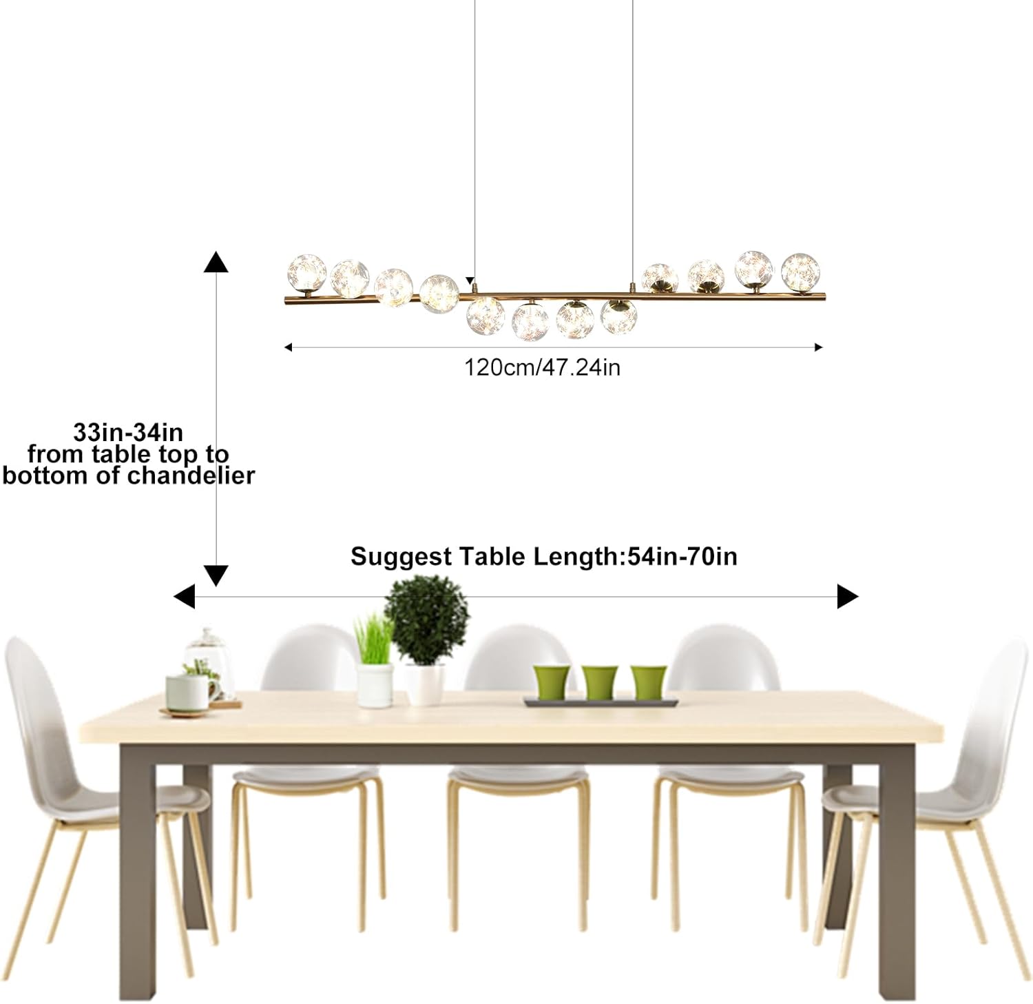 GEADI Gold Kronleuchter 120CM Modern Globe Pendelleuchte Esstisch mit 12 Glaskugel Lampenschirme Einstellbare Hängeleuchte 50W Led Hängelampen für Esszimmer, Wohnzimmer, Küchen, Lounge