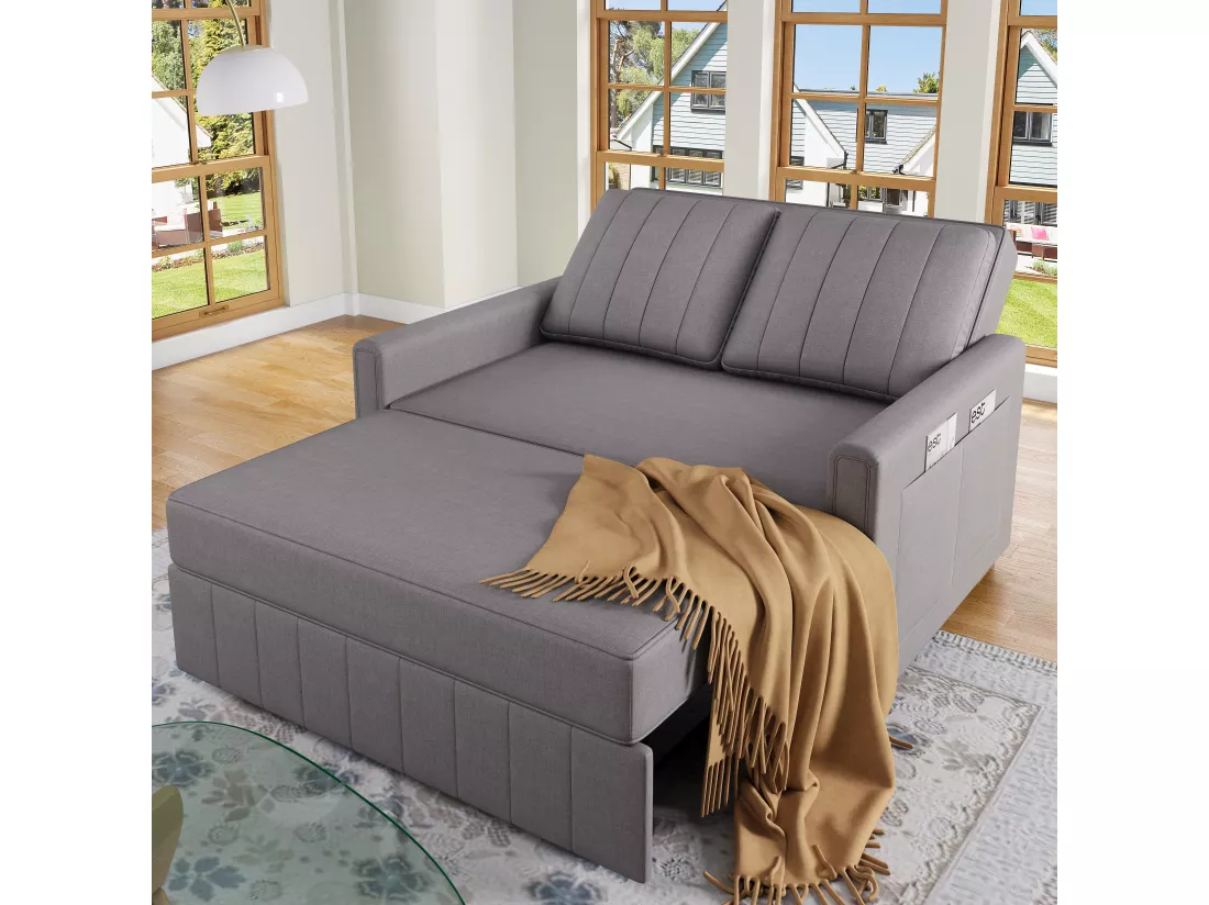 Canapé convertible 2 places, Canapé-lit pliant en tissu lin - 127 x 75/180 x 94 cm - avec fonction sommeil et dossier réglable - Gris