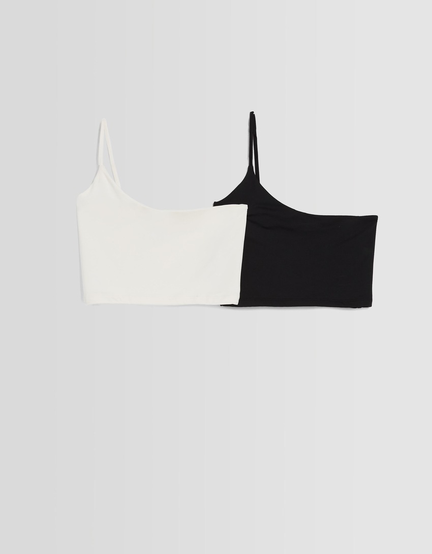 Conjunto com 2 tops cropped assimétricos em nylon.