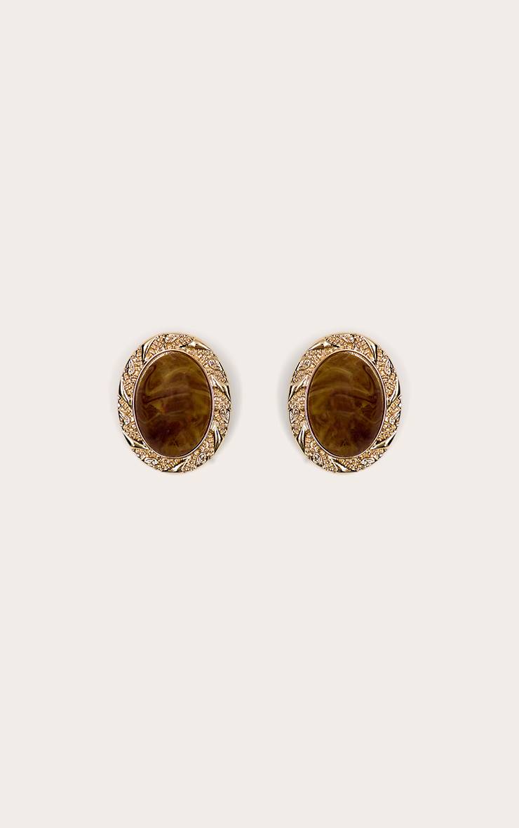 Doré Boucles D'oreilles Ovales En Résine Marron Fumé Texturée