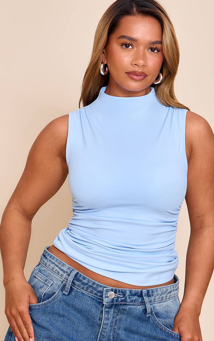 Bleu Ciel Top Sculptant Shape À Soutien-Gorge Intégré Col Bateau Et Côtés Froncés
