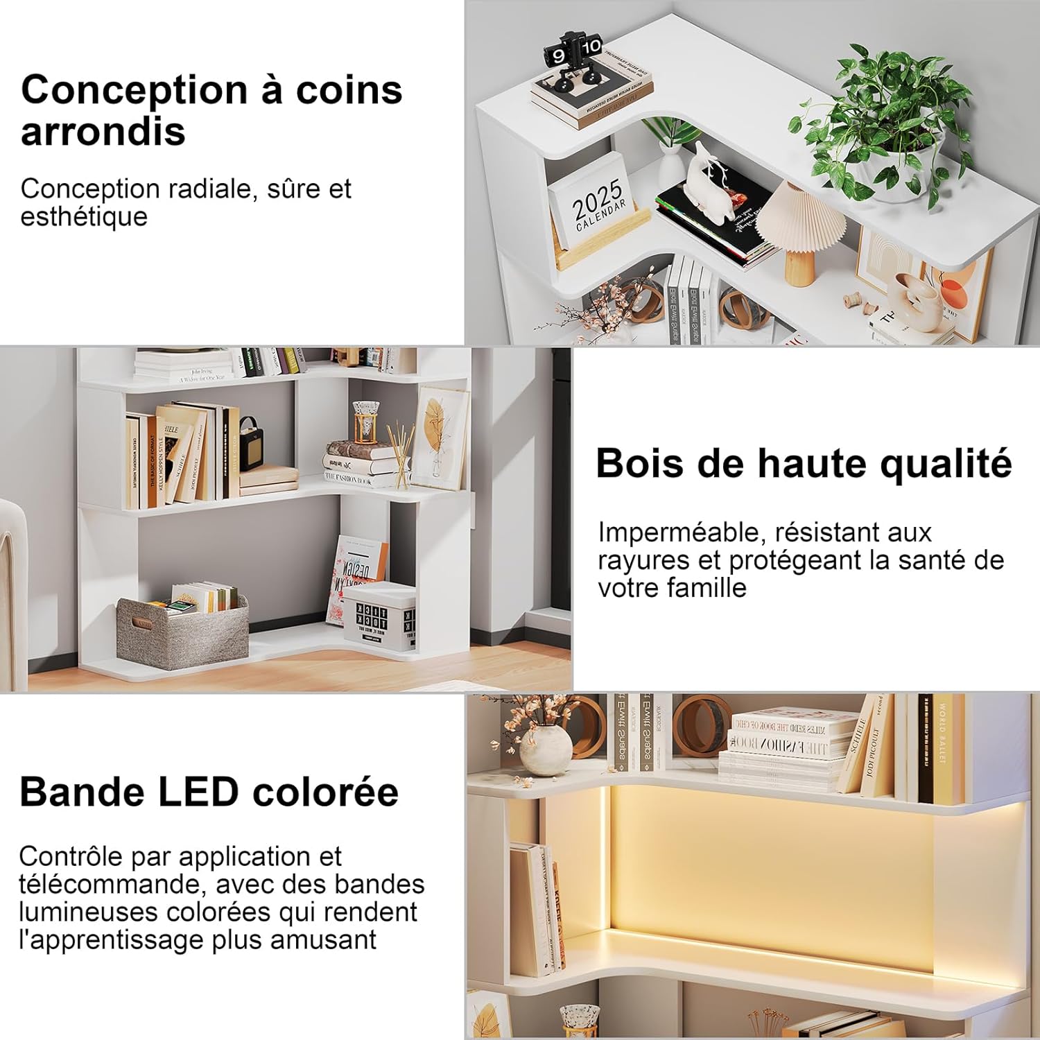 5-stöckiges Bücherregal mit LED-Beleuchtung, L-förmige Bücherregale und Vitrinen,Eckregale aus Holz, 90x48x170cm (Weiß)