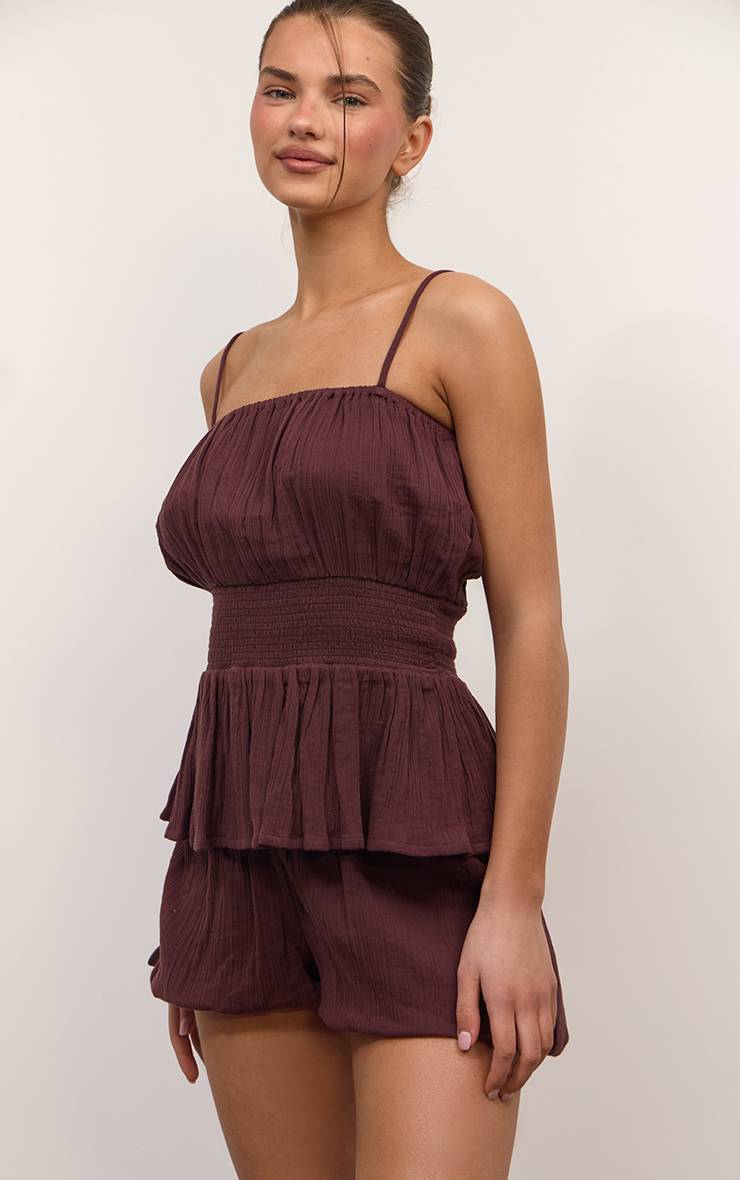 Marron Ensemble Haut Froncé En Gaze Texturée