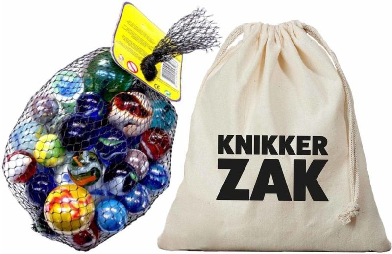 Knikkerzak van 25 x 30 cm gevuld met 2 kilo knikkers en bonken - Knikkeren speelgoed voor buiten