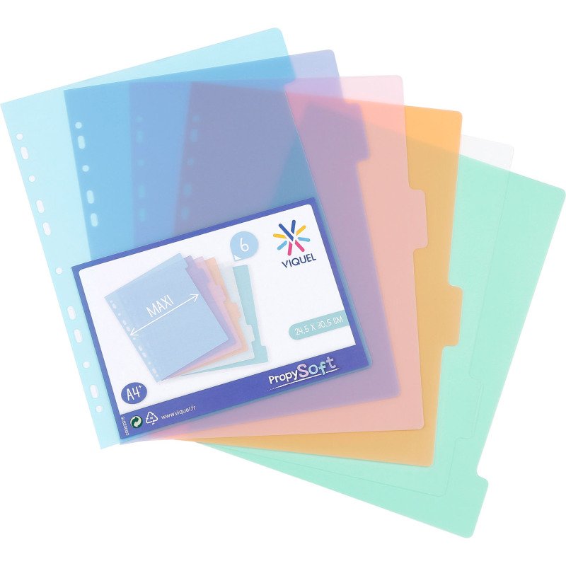 Intercalaires A4+ polypropylène coloré Propysoft Viquel 6 onglets neutres - 1 jeu