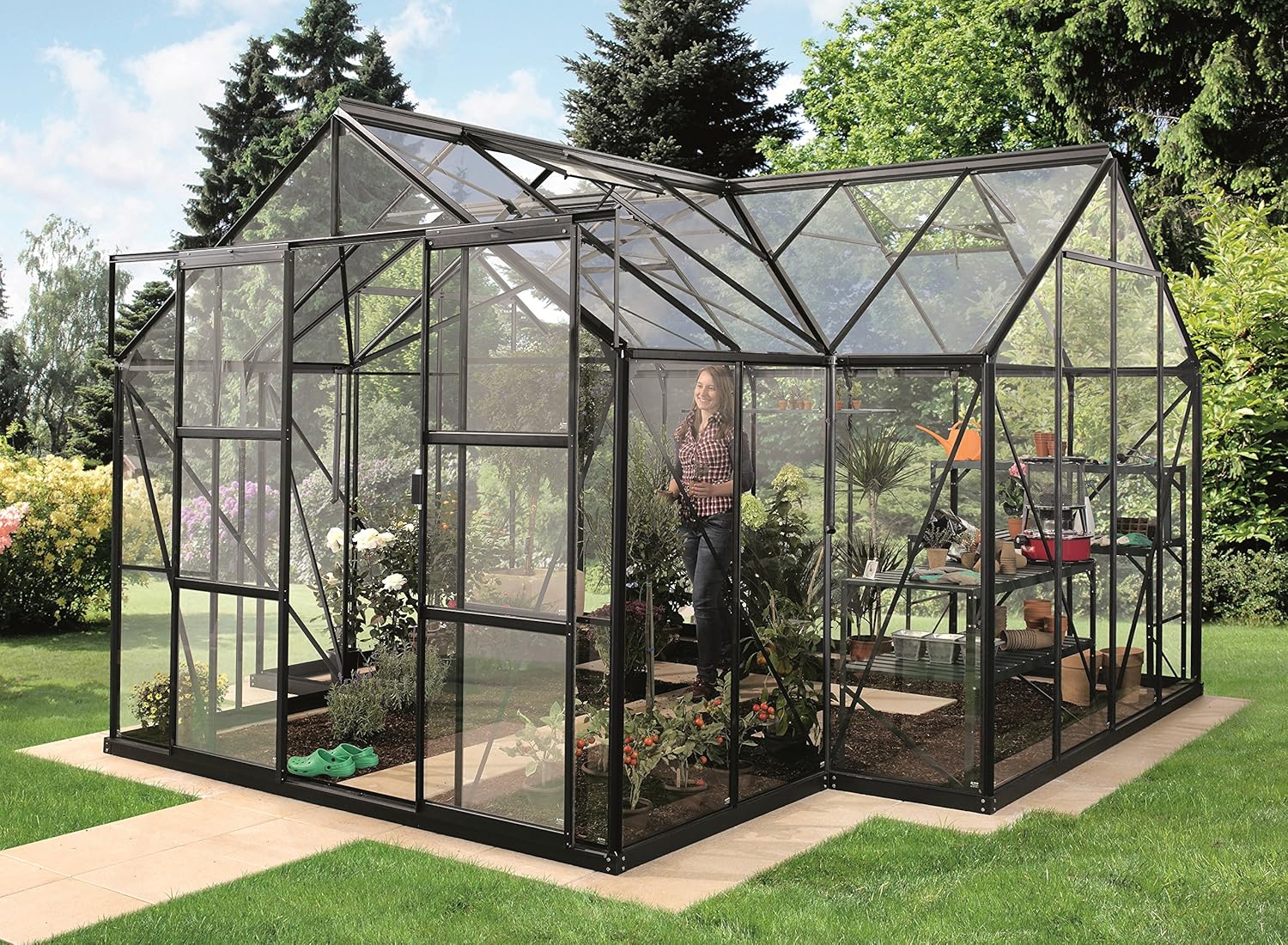 Gartenwelt Riegelsberger Gewächshaus Sirius Orangerie - ESG 3 mm schwarz, Fläche: ca. 13 m², mit 4 Dachfenster, inkl. Stahlfundament 6 cm hoch, Sockel: 3,81 x 3,81 m