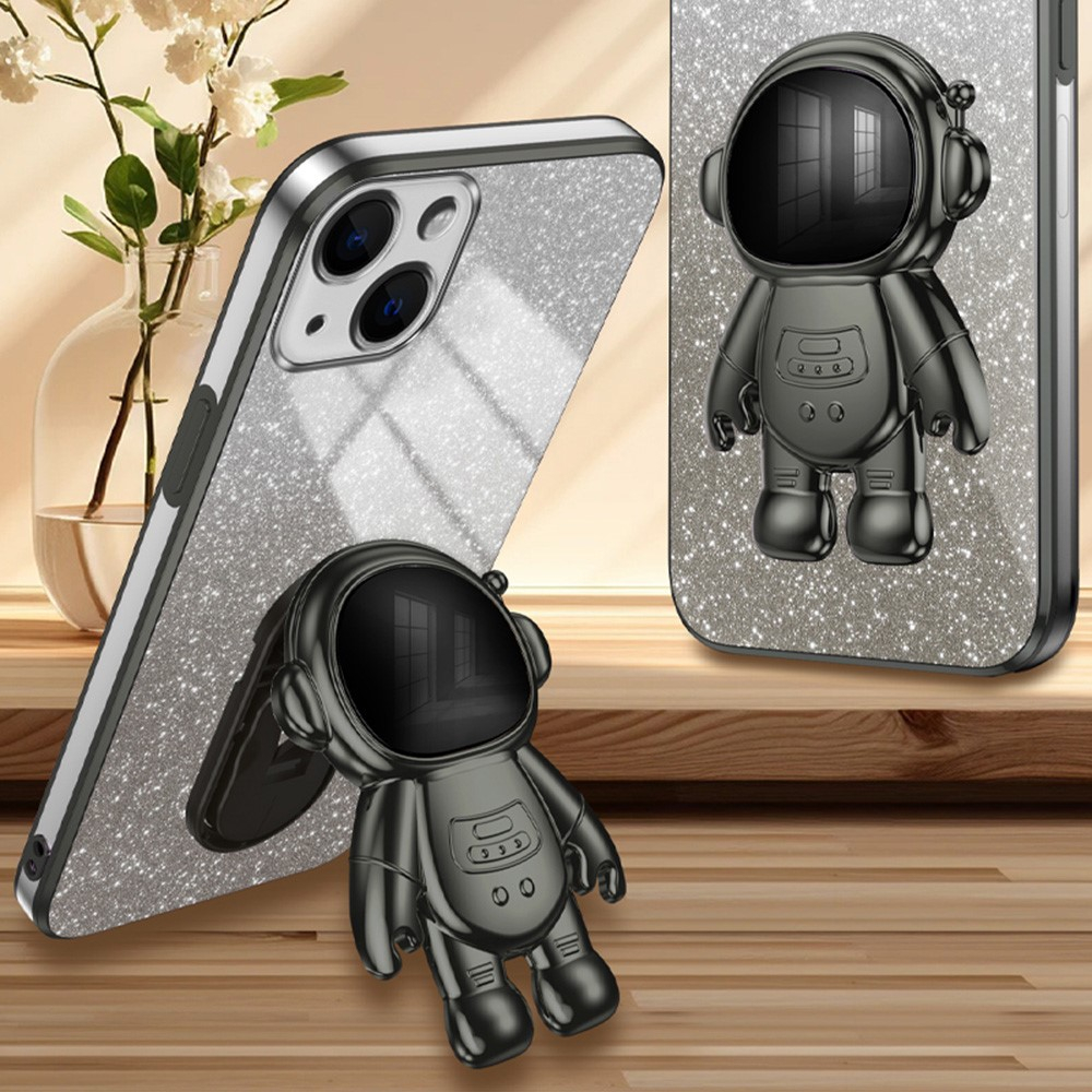 iPhone 15 Hybrid Hardcase Glitzer Hülle   Astronauten Kickstand Aufsteller   Kameraschutz - Schwarz / Silber