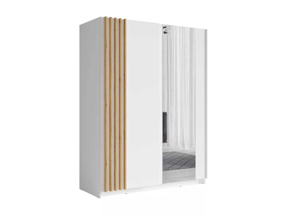 Armoire 2 portes coulissantes - Avec miroir - L150 cm - Blanc et naturel - CALELA