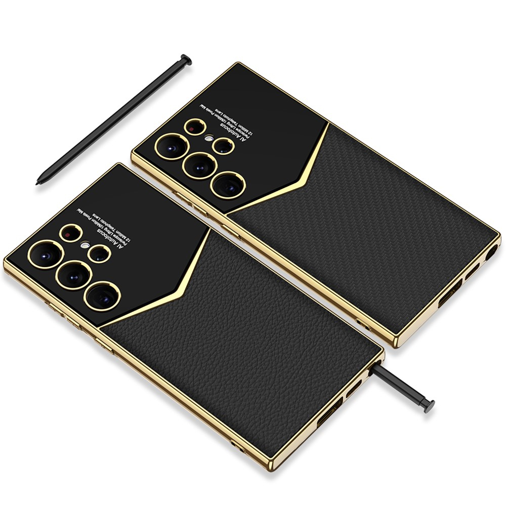 Samsung Galaxy S24 Ultra Leder Hardcase Hülle mit Galvanisiertem Rahmen   Kameraschutz - Gold / Lila