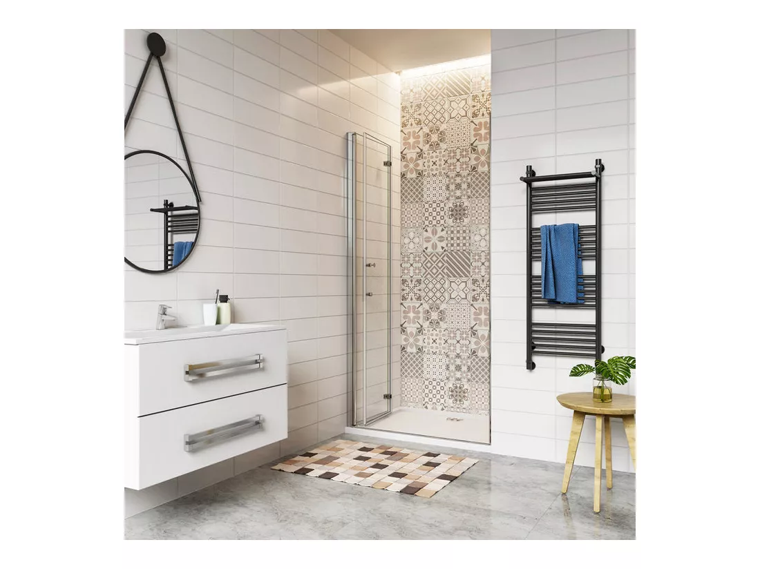 Porte de douche 80x185cm avec receveur de douche blanc 80x70x3cm, porte de douche pivotante et pliante en verre securit anticalcaire