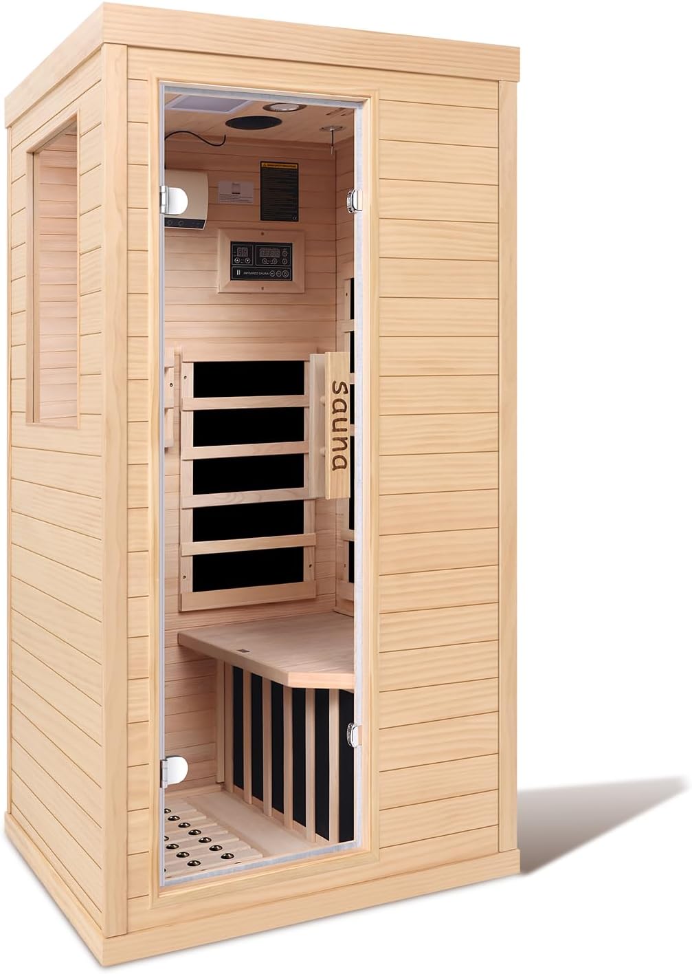Ferninfrarot-Sauna 1 Person Tannenholz Heimsauna 5 Infrarot-Heizelemente Bluetooth 7-Farben Chromotherapie EMF-arm Seitentür mit Sicherheitsglas